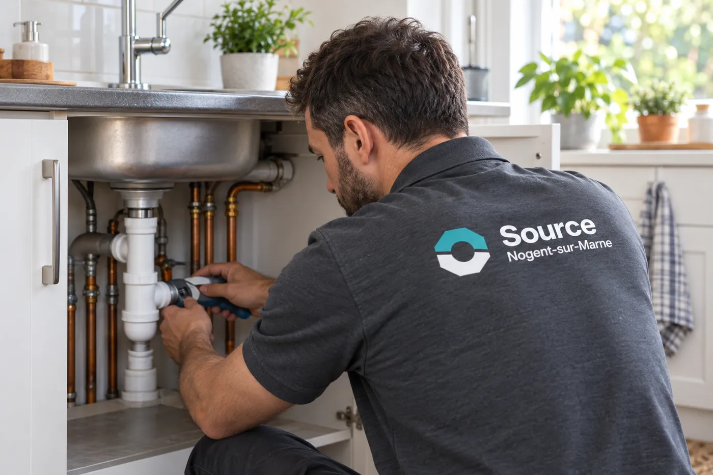 Plombier Source Nogent-sur-Marne resserrant le siphon et les raccords cuivre sous un évier de cuisine